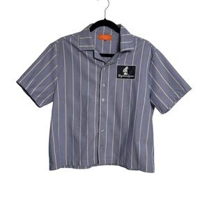 Title: Negative Space Stripe Button Up Shirt Small Bowling Camp Collar Graphic
